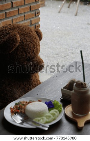 Bear doll eating thai food
