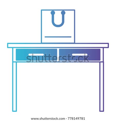 desk table with drawers front view with shopping bag above in degraded blue to purple color contour