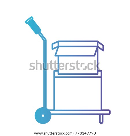 hand truck with cardboard boxes stacked and one opened in degraded blue to purple color contour