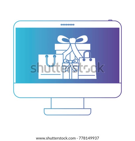 desktop computer front view with gift boxes and shopping bags in screen in degraded blue to purple color contour