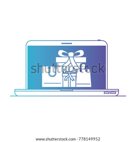 laptop computer front view with gift boxes and shopping bags in screen in degraded blue to purple color contour