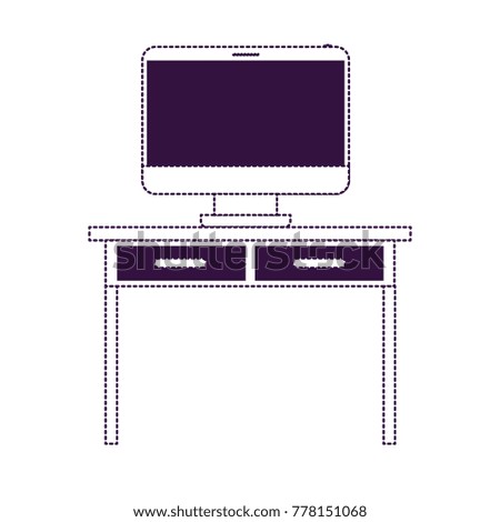 desk table with drawers and desktop computer above in front view in purple dotted silhouette