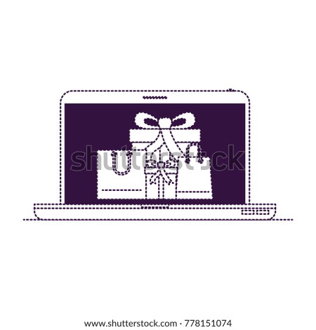 laptop computer front view with gift boxes and shopping bags in screen in purple dotted silhouette