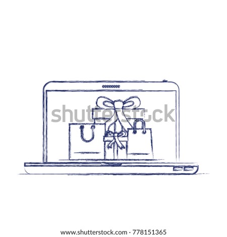 laptop computer front view with gift boxes and shopping bags in screen in dark blue blurred silhouette