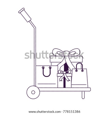hand truck with gift boxes and shopping bags in purple dotted silhouette