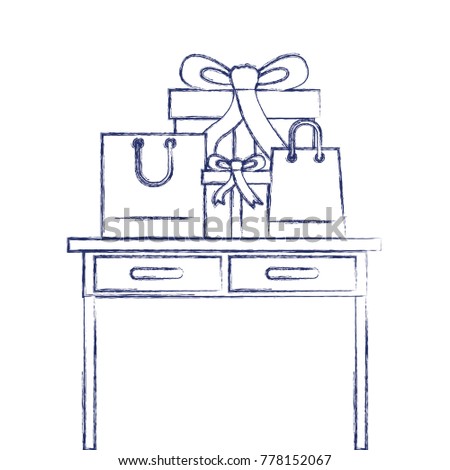 desk table with drawers front view with gifts box and bags above in dark blue blurred silhouette