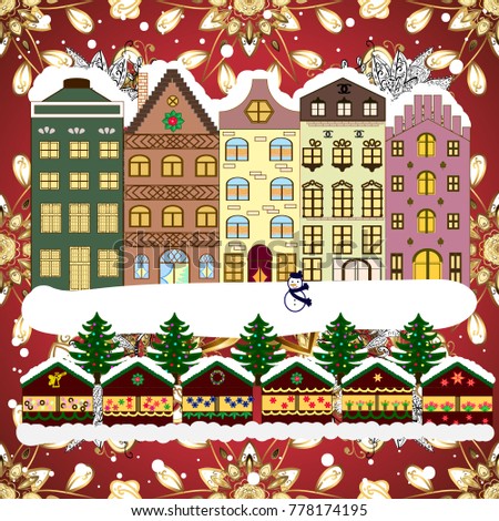 Holiday background with a christmas tree and houses over a background. Vector illustration.