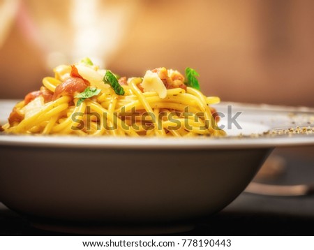 Traditional italian pasta spaghetti carbonara with bacon and cheese parmesan