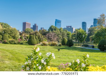 Boston USA Public Garden, Common Frog Pond and city skyline.