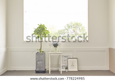 Small items placed in a room with a large window (chair, banyan tree pot, frame)