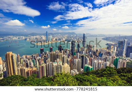 Amazing view on Hong Kong city skyline at sunrise from the Victoria peak, China