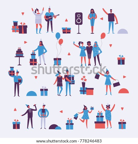 Vector illustration in a flat style of group of happy dancing, singing and birthday party people