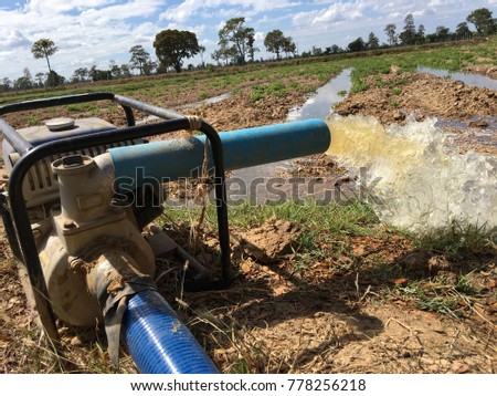 water flows from a pipe or water gushing out of the pipe close up from large pump tube in rice field in central Royalty-Free Stock Photo #778256218