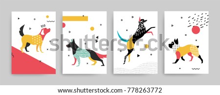 Trend cover templates for notepad. Illustration of dogs in the memphis style of the 80-90's. Set 2.