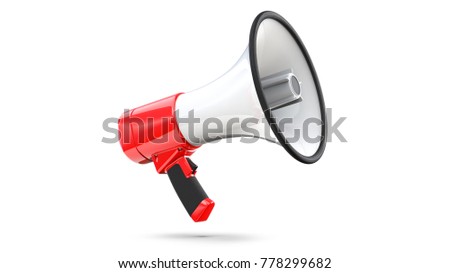 Red and white megaphone isolated on white background. 3d rendering of bullhorn, file contains a clipping path to isolation.
