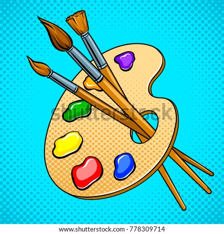Palette with paints and brushes pop art retro vector illustration. Comic book style imitation.