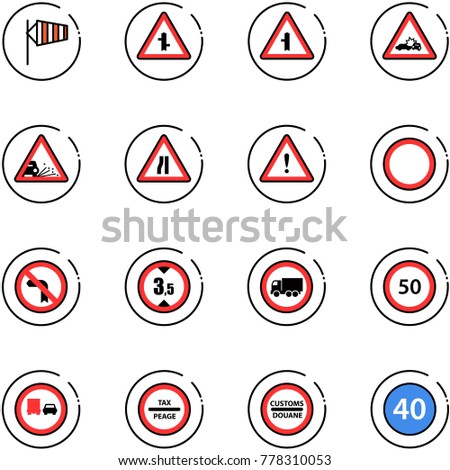 line vector icon set - side wind vector, intersection road sign, car crash, gravel, narrows, attention, prohibition, no left turn, limited height, truck, speed limit 50, overtake, tax peage, customs