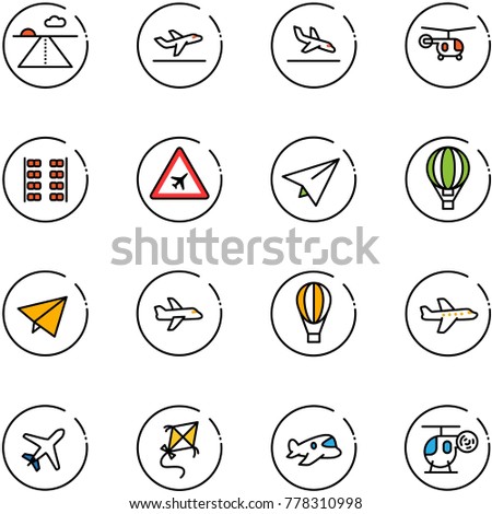 line vector icon set - runway vector, departure, arrival, helicopter, plane seats, airport road sign, paper, air balloon, fly, kite, toy