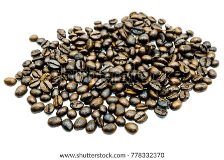 Roasted coffee beans isolated on white background.Closeup shot.Has space for text.Has space for text.Suitable for many applications.Good image