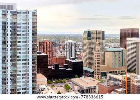 Denver downtown - among skyscrapers in capital city of Colorado, USA