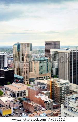 Denver downtown - among skyscrapers in capital city of Colorado, USA