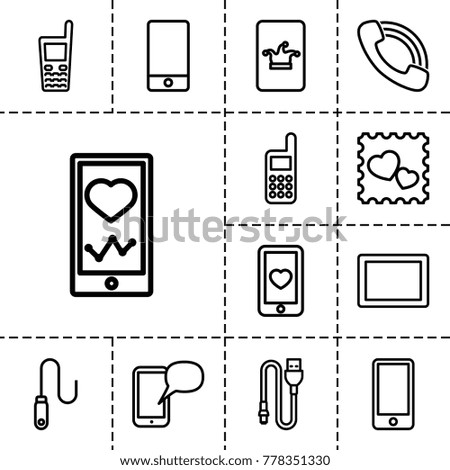 Cellphone icons. set of 13 editable outline cellphone icons such as poker on phone, heartbeat on phone, heart mobile, photo with heart, tablet, call