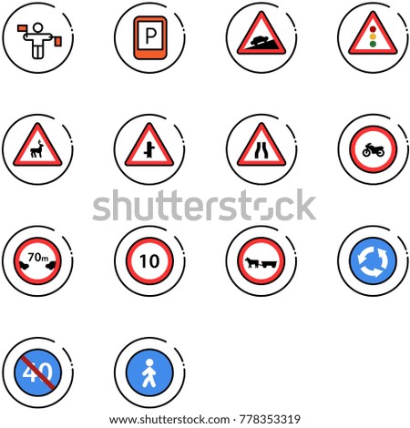 line vector icon set - traffic controller vector, parking sign, climb road, light, wild animals, intersection, narrows, no moto, limited distance, speed limit 10, cart horse, circle, end minimal