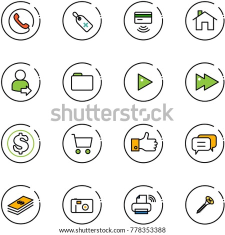 line vector icon set - phone vector, medical label, tap pay, home, user login, folder, play, fast forward, dollar, cart, finger up, dialog, photo, printer wireless, screw