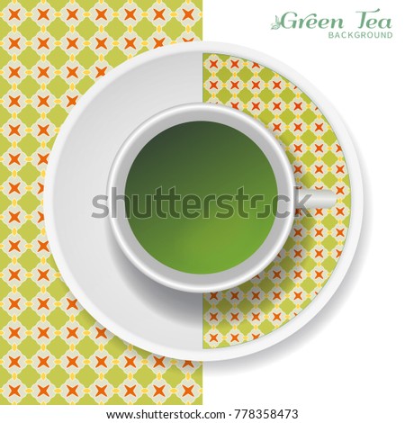 Cup of green tea with ornament on a saucer and vertical geometric seamless pattern. Business coffee break or tea time concept, interior background. Isolated cup and plate decor elements