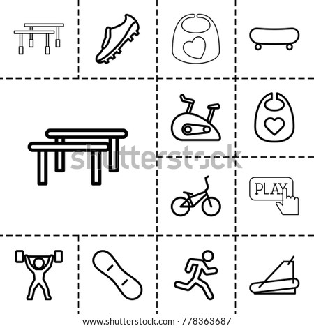 Active icons. set of 13 editable outline active icons such as baby bid, skate, horizontal bar, running man, treadmill, exercise bike, snow board, soccer trainers, power lifter