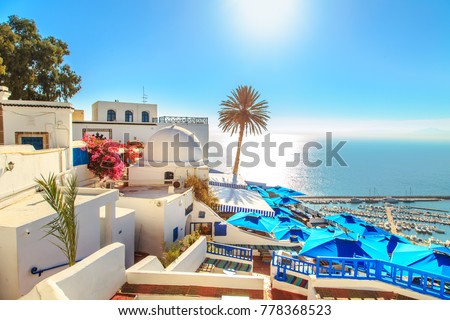 The famous cafe in Sidi Bou Said. Eastern fairy tale with a French charm. Royalty-Free Stock Photo #778368523