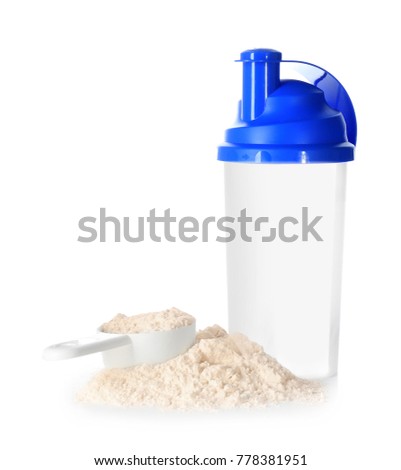 Protein powder and bottle on white background