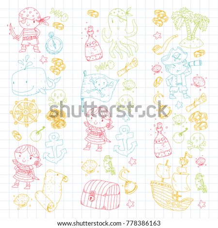Pirate adventures Pirate party Kindergarten pirate party for children Adventure, treasure, pirates, octopus, whale, ship Kids drawing vector pattern for banners, leaflets, brochure, invitations
