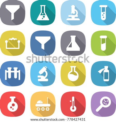 flat vector icon set - funnel vector, flask, microscope, vial, electrostatic, test, potion bottle, chemical, lunar rover, thermometer, viruses
