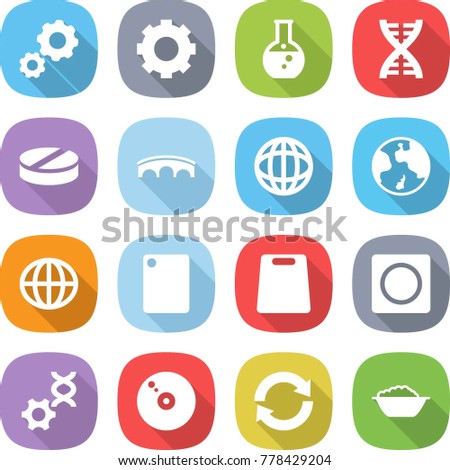 flat vector icon set - gear vector, round flask, dna, pill, bridge, globe, earth, cutting board, ring button, edit, cd, reload, foam basin