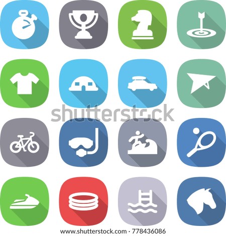 flat vector icon set - stopwatch vector, trophy, chess horse, target, t shirt, dome house, car baggage, deltaplane, bike, diving mask, surfer, tennis, jet ski, inflatable pool