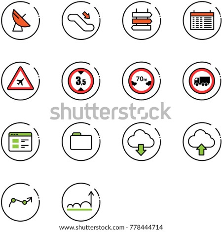line vector icon set - satellite antenna vector, escalator down, sign post, schedule, airport road, limited height, distance, no truck, website, folder, download cloud, upload, chart point arrow