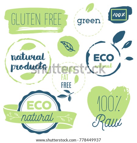 Fresh, organic, gluten free, 100% bio, premium quality, locally grown, healthy food natural products, farm fresh stickers. Vector menu organic labels, food products packaging bio emblems set.