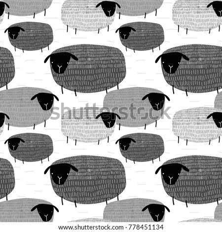 Cute vector illustration seamless pattern of graphic drawing funny sheep on grey background. Fluffy wool pet background for fabric, textile, paper, wallpaper, wrapping or greeting card. Doodle element
