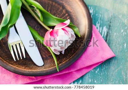 Festive Table Setting With Pink Tulips. Holiday Table Set for Mother's Day or Birthday. Selective Focus. Royalty-Free Stock Photo #778458019
