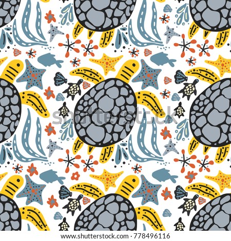  Vector handdrawn sea seamless pattern with various marine animals. Ornate summer illustration wiht sea turtles.