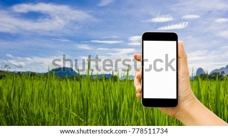 Hand of woman holding smartphone with blank copy space screen for your text message in the background of  the scenery of green rice field and the back consists of the mountains.