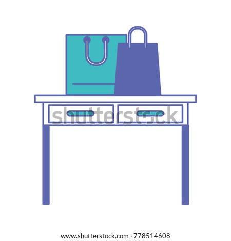 desk table with drawers front view with shopping bags above in blue and purple color sections silhouette