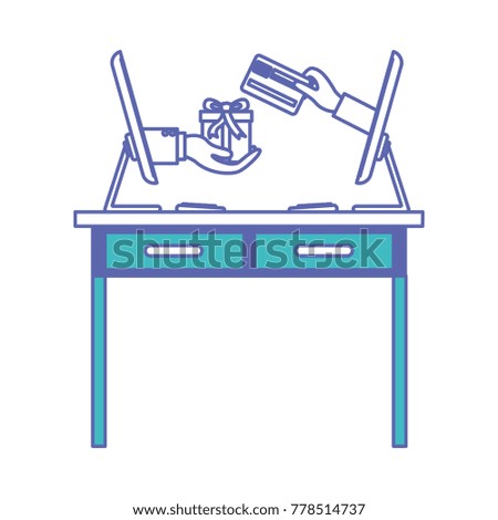 desk table with drawers front view and desktop computer with gift purchase online in blue and purple color sections silhouette