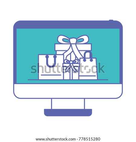 desktop computer front view with gift boxes and shopping bags in screen in blue and purple color sections silhouette