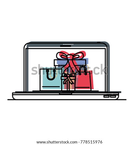 laptop computer front view with gift boxes and shopping bags in screen in watercolor silhouette