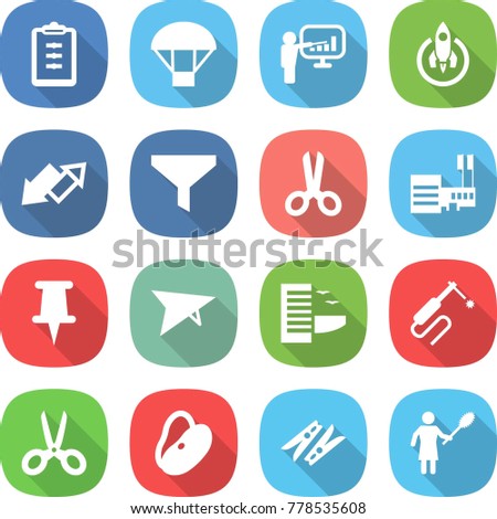 flat vector icon set - clipboard vector, parachute, presentation, rocket, up down arrow, funnel, scissors, mall, pin, deltaplane, hotel, welding, beans, clothespin, woman with duster