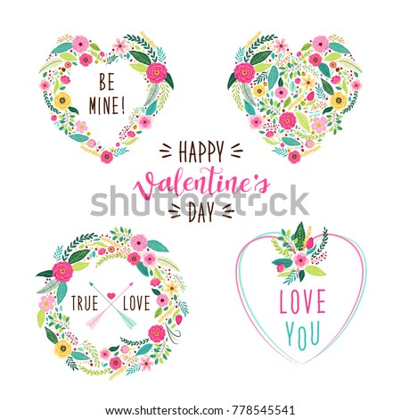 Cute vintage Valentine's Day frames as rustic hand drawn first spring flowers in heart shape