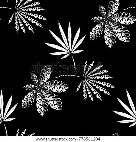 Tropical Seamless Pattern With Leaves of Palm Trees On White Background. Hand Drawn Tropic Texture In Zentangle Style. Ornate Seamless Background for Print, Interior, Wallpaper, Swimwear.