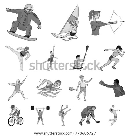 Different kinds of sports monochrome icons in set collection for design. Athlete, competitions vector symbol stock web illustration.